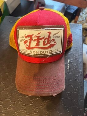 Von Dutch Red & Yellow Mesh Trucker Hat with Brown Bill and Patch